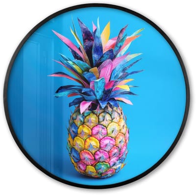 Poster in lijst Rond - Fotolijst 60x60 cm - Posters - Ananas - Blauw - Tropisch - Vrolijk - Ronde posterlijst zwart - Decoratie - Wanddecoratie woonkamer - Muurdecoratie slaapkamer