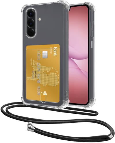 Hoes Geschikt voor Samsung Galaxy A17 Hoesje Pasjeshouder Cover Met Koord Shock Proof Case Siliconen Hoes Met Telefoonkoord en Kaarthouder - Transparant