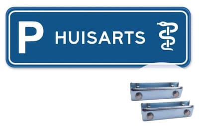 Parkeerbord Huisarts - blauw - Weerbestendig Aluminium - 40x15 cm - Bevestiging: Met hekbeugels (voor spijlen- of gaashek)