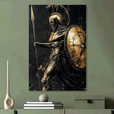 Canvas poster - Spartaanse krijger - Gouden warrior - Historische kunst - Stoere wanddecoratie - 50x75 cm - Zonder lijst - trendy