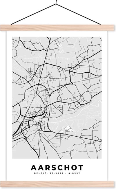Posterhanger incl. Poster 40x60 cm - Schoolplaat - Kaart – Plattegrond – Stadskaart – Aarschot – België – Zwart Wit - Textielposter - Blanke latten - Stadskaart