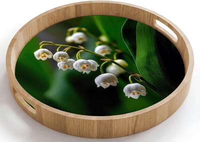 Dienblad rond 40x40 cm - Schootdienblad hout - Bloemen - Wit - Bladeren - Lelietjes - Borrelplank rechthoek - Plateau houten dienbladen