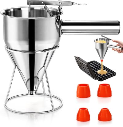 VHV - Beslagdispenser - Pannenkoekbeslag dispenser - Trechter voor beslag - Doseertrechter - RVS - Roestvrij staal - Voor pannenkoeken, poffertjes en wafels - Met standaard - Zilver