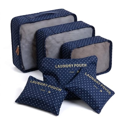 Marineblauwe packing cubes reis organizer set unisex stippen patroon 6 delig kleding organizer bagage opbergset voor kleding ondergoed sokken en cosmetica multifunctionele reis tas organizers met ritssluiting