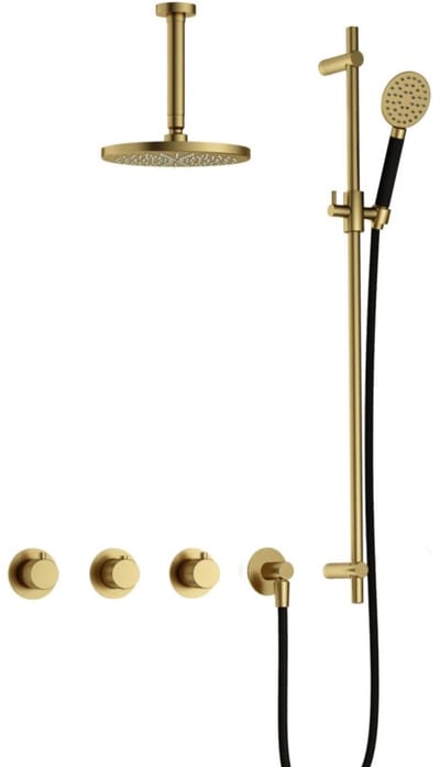 Hotbath Cobber X - CX7067 - Inbouw Regendoucheset - Geborsteld Messing PVD - 2 Stopkranen - Thermostatisch - Plafondbuis 15 cm - Hoofddouche 200 mm - Ronde Handdouche 3 Standen - Glijstang 900 mm - Waterbesparend