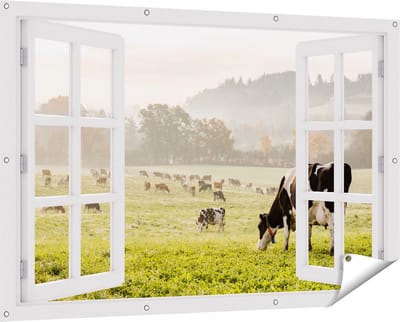 Gards Tuinposter Doorkijk Zwart Witte Koeien in de Wei - 150x100 cm - Tuindoek - Tuindecoratie - Wanddecoratie buiten - Tuinschilderij