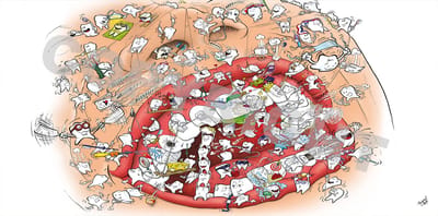 Cartoon plafondplaat - Poster - Roland Hols - Gebitszorg - 120 x 60 cm - Forex 10 mm dik - Tandarts - Orthodontist -Mondhygiënist - voor boven de behandelstoel