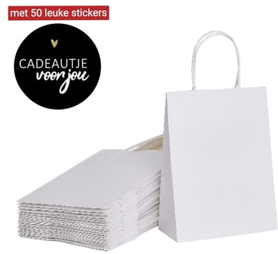 50 x kleine papieren cadeautasjes 18x8x22 cm wit + zwarte stickers “Cadeautje voor jou” draagtassen Kraftpapier Met gedraaid handgrepen - Kraft Tasjes Met Handvat - Zakjes