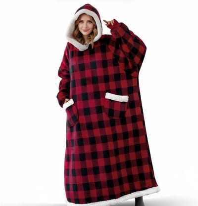 1,5 m extra grote draagbare deken met capuchon van flanel en lamswol, warm en comfortabel, kerstsjaal, deken, cadeau voor volwassenen - zwart en rood