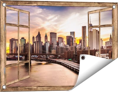 Gards Tuinposter Doorkijk Brooklyn Bridge Brug in New York - 60x40 cm - Tuindoek - Tuindecoratie - Wanddecoratie buiten - Tuinschilderij