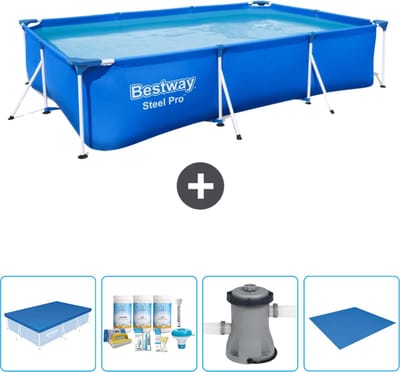 Bestway Rechthoekig Steel Pro Zwembad - 300 x 201 x 66 cm - Blauw - Inclusief Afdekzeil - Onderhoudspakket - Pomp - Grondzeil