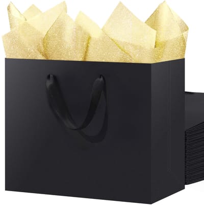 3-pack extra grote zwarte geschenkzakken met goudkleurig zijdepapier, 40 x 15 x 30 cm kraftpapier boodschappentassen met lintgrepen voor verjaardag, bruiloft, feest en vakantiegeschenken