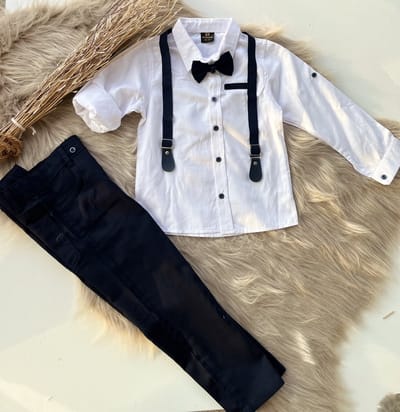 luxe jongens kledij- vierdelige katoenen jongens set-4 delig kinderpak-effen witte overhemd- verstelbare bretels en vlinderdas - kostuumbroek (marineblauw) - feest outfit-bruidsjonkers-bruiloft-verjaardag-2 jaar maat 92