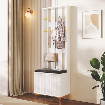 DESMIU Garderobeset - Met Schoenenbank En Kussen - Push To Open En Verstelbare Planken Voor Hal En Woonkamer - Spaanplaat - 60,5x35,2x180,5 Cm - Wit