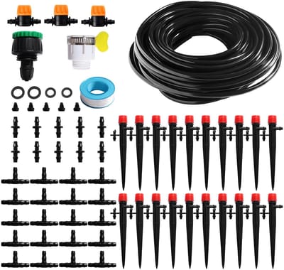 VooGenzek 66 Stuks 4/6 mm Irrigatiesysteem Kit, 15m Irrigatieslang, DIY Auto Drip Irrigatie Kit, met Rechte Weerhakenverbindingen, Weerhaak T-Stukconnector, Eindplug, voor Gazon, Patio, Landschap