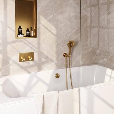 Brauer Gold Carving Thermostatische Inbouw Badkraan Drukknoppen - Badvulcombinatie - 3 stand - Doucheslang - Wandaansluitbocht - Handdouche - Goud Geborsteld Pvd