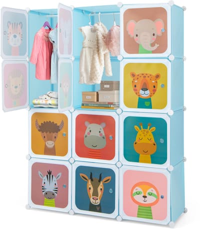 COSTWAY Kledingkast voor kinderen, reksysteem van kunststof met 12 kubussen, kinderrek uitbreidbaar met deuren en 2 hangers, opbergkast, steekrek voor kinderkamer, speelkamer (blauw)