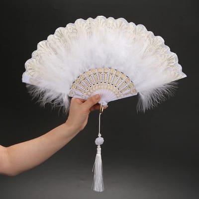 Elegante Vouwbare Veren Handfan met Kwastje voor Kostuums, Bruiloften en Feestjes - Vintage Stijl Decoratief Accessoire