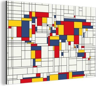 Aluminium schilderij 150x100 cm - Wanddecoratie metaal - Wereldkaart - Mondriaan - Kleuren - Kinderen - Jongetje - Meisje - Kids - Metalen muurdecoratie woonkamer - Decoratie industrieel - Foto op dibond - Industriële accessoires slaapkamer