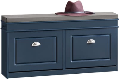 SoBuy Schoenenbank met Zitkussen en 2 Kleppen - Opbergbank Schoenenrek voor Hal en Gang - Blauw, 104x24x52cm, FSR64-B - Ruimtebesparende Schoenenopslag