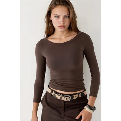 Ronde Hals Geribbelde Lange Mouwen Blouse