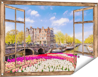 Gards Tuinposter Doorkijk Amsterdamse Huisjes aan de Grachten - 90x60 cm - Tuindoek - Tuindecoratie - Wanddecoratie buiten - Tuinschilderij