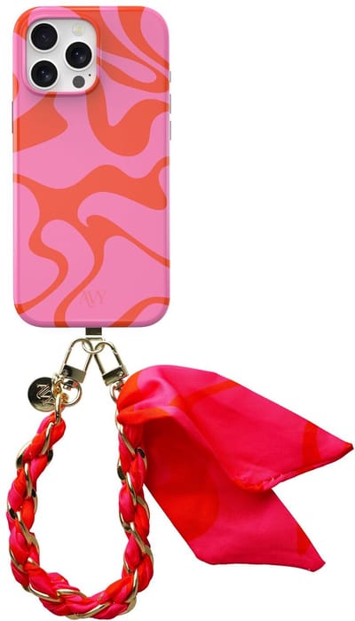AVY Hoesje Met Telefoonkoord | Geschikt voor Apple iPhone 16 Pro Max | Compatibel met MagSafe | Hard Shell Back Cover | Stijlvol Bijpassend Koord 32CM | Rosé Twist | Roze
