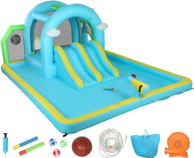 ECTEATOY® 7-in-1 Springkussen met blower - 2 glijbanen - trampoline - zwembad - basketbalring en bokszuil (426x360x198 cm)
