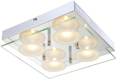 Plafondlamp Woonkamerlamp Eetkamerlamp Glazen lamp, 4 vlammen Glasplaat chroom, LED 5W 1440Lm warm wit, LxBxH 25x25x6.5cm