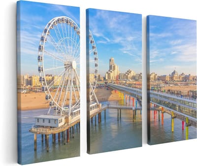 Artaza Canvas Schilderij Drieluik Scheveningen Pier met de Ferris Wheel - Reuzenrad - 120x80 - Foto Op Canvas - Canvas Print