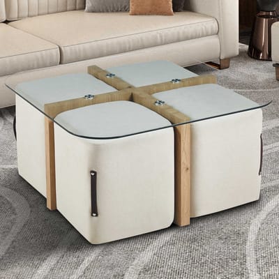 Salontafel 'Shana' met 4 Poefs Stof Decor Oude Eik