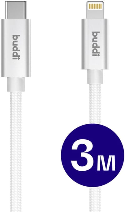 Buddi Flex | USB-C naar Lightning Kabel 20W Fast Charge | Power Delivery | 480Mbps Dataoverdracht | Gevlochten Nylon | 3M | 3 Meter | Wit
