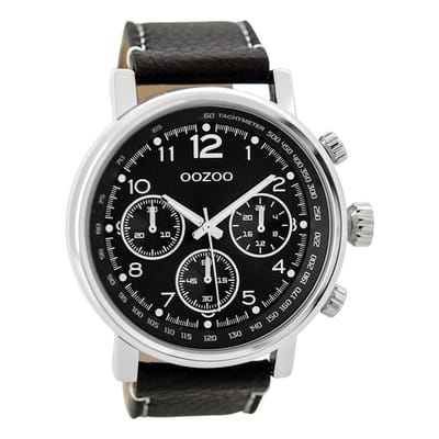 OOZOO Timepieces - Zilverkleurige horloge met zwarte leren band - C9459