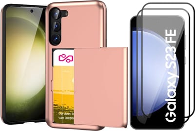 Hoesje met Pasjeshouder geschikt voor Samsung Galaxy S23 FE - 2x Screen Protector FullGuard - Back Cover SlideCase Roségoud & Screenprotector