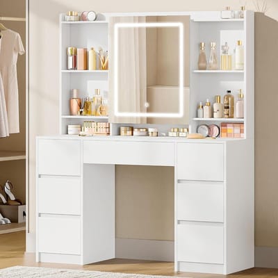 Kaptafel met Verlichting - Make-up tafel - Sieraden opbergen - Verstelbare LED-spiegel - 40 x 108 x 150 cm - Wit