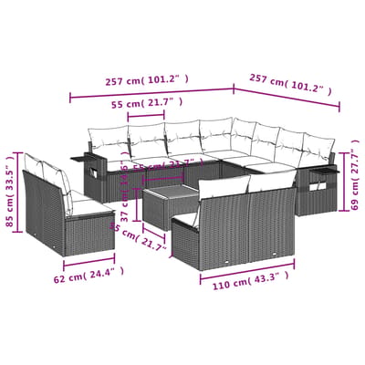 vidaXL - 12-delige - Loungeset - met - kussens - poly - rattan - gemengd - beige