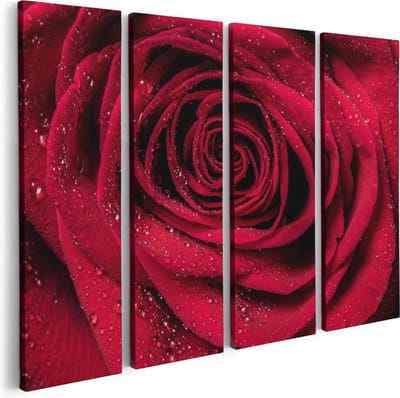 Artaza Canvas Schilderij Vierluik Rode Roos Met Waterdruppels - Bloem - 80x60 - Foto Op Canvas - Canvas Print