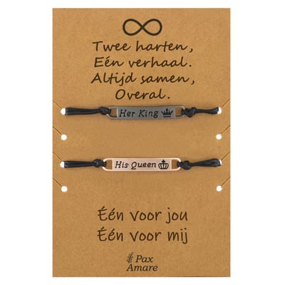 Vriendschapsarmbandjes voor 2 " Twee Harten, Een Verhaal ∞" - Her King His Queen - BFF Armbandjes met Persoonlijk Cadeau Kaartje - Zwar & Rosé Goud - Elastisch Verstelbaar - Pax Amare