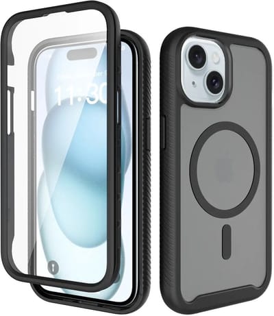 Hoesje met Ingebouwde Screenprotector Geschikt voor Apple iPhone 15 - Compatibel met MagSafe / Qi2 - Full Protect - Schokbestendige Beschermhoes - Case Matte Zwart