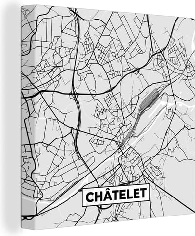 Canvas Schilderij Zwart Wit – België – Plattegrond – Stadskaart – Kaart – Châtelet - 20x20 cm - Wanddecoratie