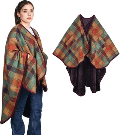 Vrouwen Poncho Fleece Draagbare Dekensjaal Flanellen Omslagdoek Comfortabele Poncho Dekbedovertrek Cape met Knopen en Zakken voor Bed, Bank, Kantoor