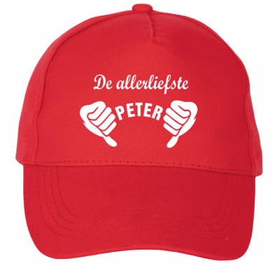 Mijncadeautje - 5 panel - Cap - Verstelbaar - Pet van 100% dik geborsteld katoen- unisex - opdruk wit - De allerliefste Peter - rood