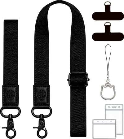 Universeel Verstelbare Nek, Pols & Crossbody Telefoonkoord met Badgehouder, Telefoon Ring & Standaard - GSM Keycord/Lanyard - Telefoontasje Strap voor Telefoonketting - Phone Ketting/Koord/Cord -Zwart Keykoord Sleutelhanger - Telefoonhouder Pashouder