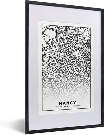 Fotolijst incl. Poster Zwart Wit- Stadskaart - Nancy - Plattegrond - Kaart - Frankrijk - Zwart wit - 40x60 cm - Posterlijst