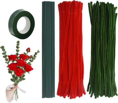 Complete Set van 200 Stuks Schoonmaakbuizen voor Bloemen, Inclusief Groene en Rode Chenille, Perfect voor DIY Bloemstukken en Creatieve Knutselprojecten