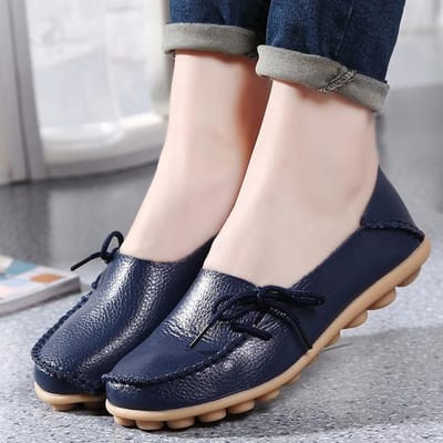 Nouveaux mocassins pour femmes, chaussures plates d'automne pour femmes, mocassins en cuir véritable, chaussures pour femmes, ballerines à enfiler, nœud papillon, chaussures pour femmes, grande taille 44 bleu foncé