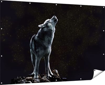 Gards Tuinposter Wolf Huilt naar de Volle Maan - 180x120 cm - Tuindoek - Tuindecoratie - Wanddecoratie buiten - Tuinschilderij