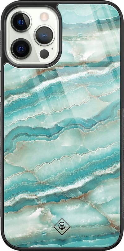 Casimoda® hoesje - Geschikt voor iPhone 12 Pro - Marmer Azuurblauw - Luxe Hard Case Zwart - Backcover telefoonhoesje - Blauw