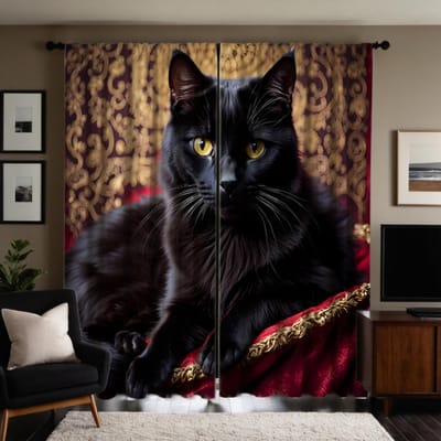 Ensemble de 2 pièces Rideau décoratif HD canapé sur chat noir Rideau imprimé numérique à cravate noire décoration de style décoration de maison salon ro W52H63inchW132H160cm black