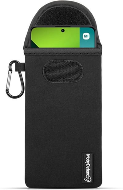 MobyDefend Hoesje - Geschikt voor Xiaomi Redmi Note 13 Pro 5G - Neopreen Pouch Met Karabijnhaak - Insteek - Riemlus - Zwart